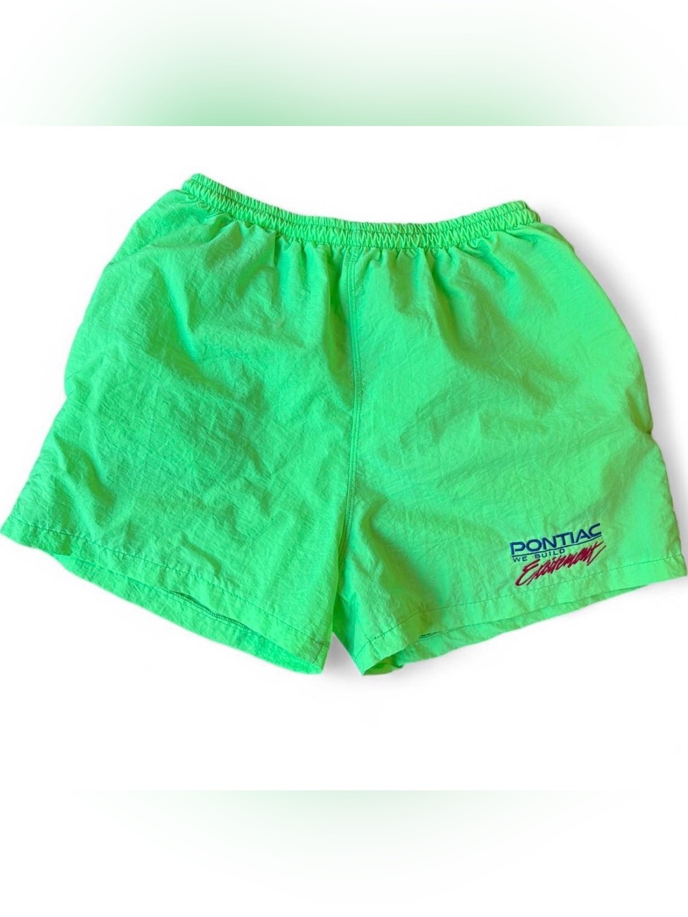 Vintage 80s/90s Pontiac We Build Excitement Neon Green Nylon Shorts Size Large